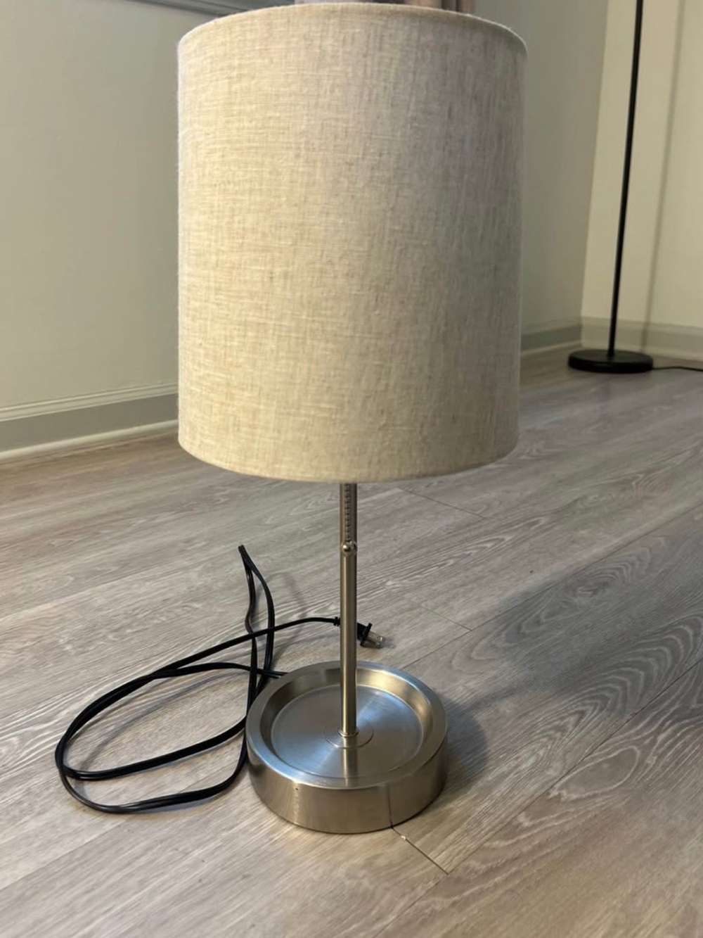 Modern Beige Linen Shade Table Lamp with Power Outlet